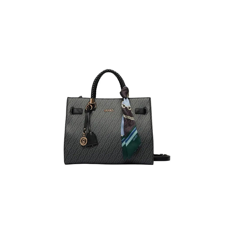 Liu Jo women brown polyurethane shopping bag 32cm with dark gray monogram pattern braided black handles and scarf accent