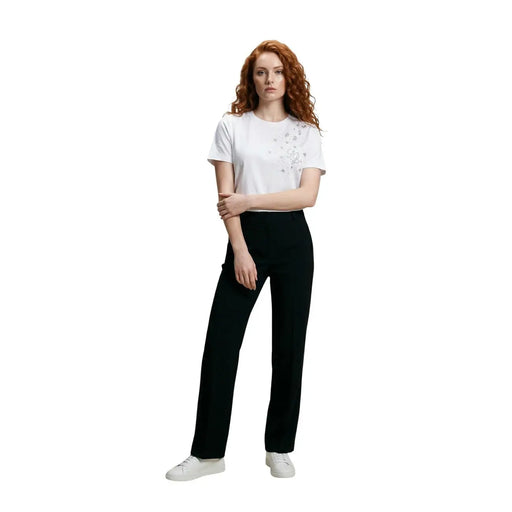 Liu Jo T-shirt blanc en coton pour femme, orné d'un col rond en strass et de délicates broderies florales argentées sur les épaules et les manches.