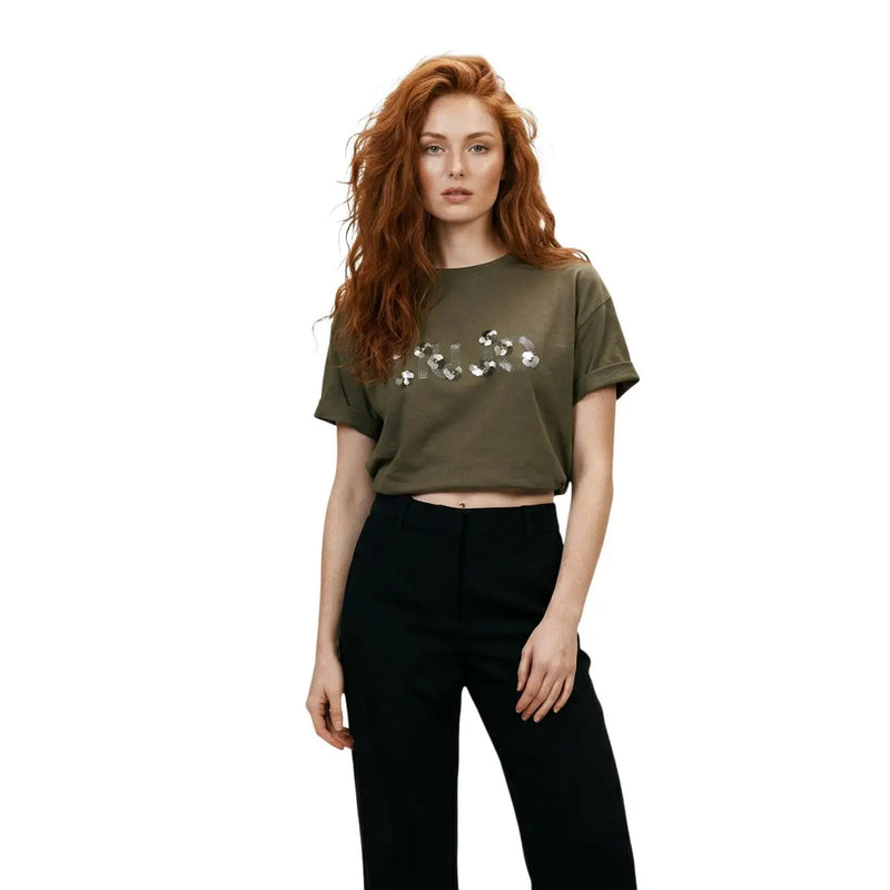 Olive green cropped cotton t shirt with decorative sequin floral design across the chest by liu jo women