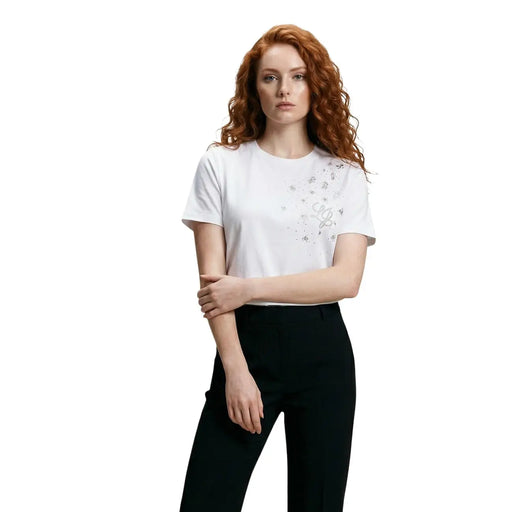 Liu Jo T-shirt blanc en coton pour femme, à manches courtes, orné de délicats strass argentés sur la poitrine.
