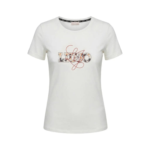 Liu Jo T-shirt beige en coton pour femme, manches courtes, col rond, orné du logo Luo et de détails floraux métalliques.