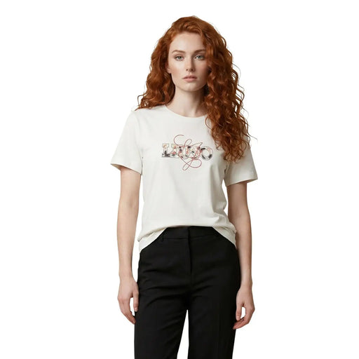 T-shirt Liu Jo pour femme, en coton beige à manches courtes et col rond, orné du logo stylisé Kenzo crème et de broderies rouges et noires.