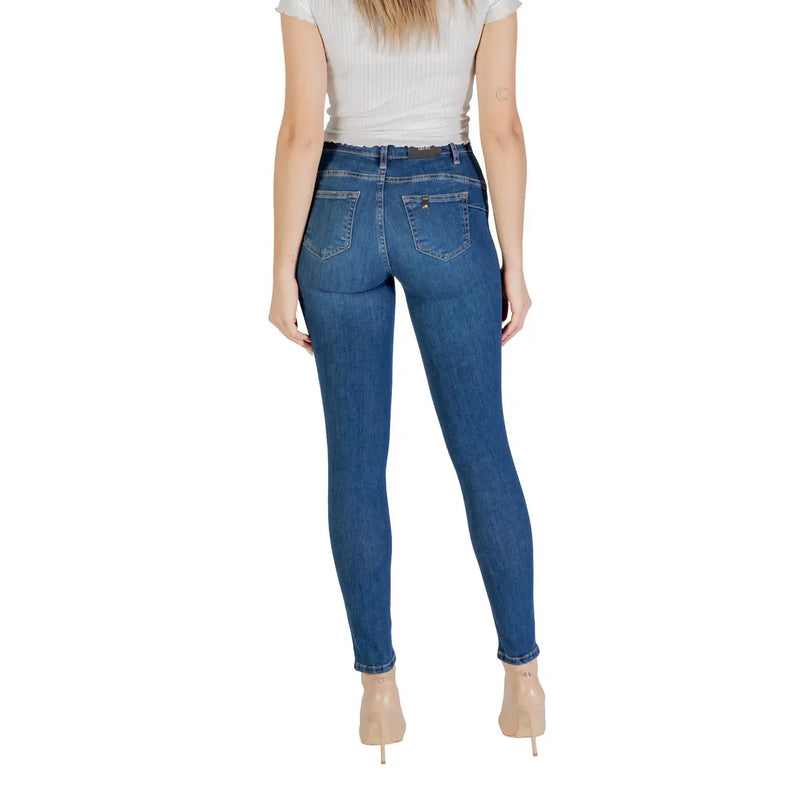 Jean skinny taille haute en denim bleu, coupe ajustée et poches arrière classiques, vu de dos par Liu Jo Women