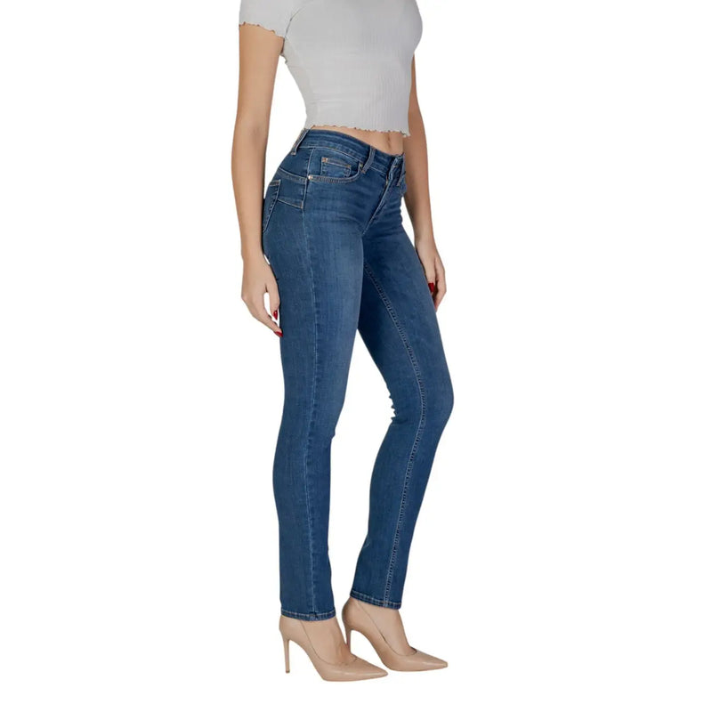 Jean Liu Jo pour femme, en coton bleu, taille haute, coupe slim, coutures classiques et effet usé.