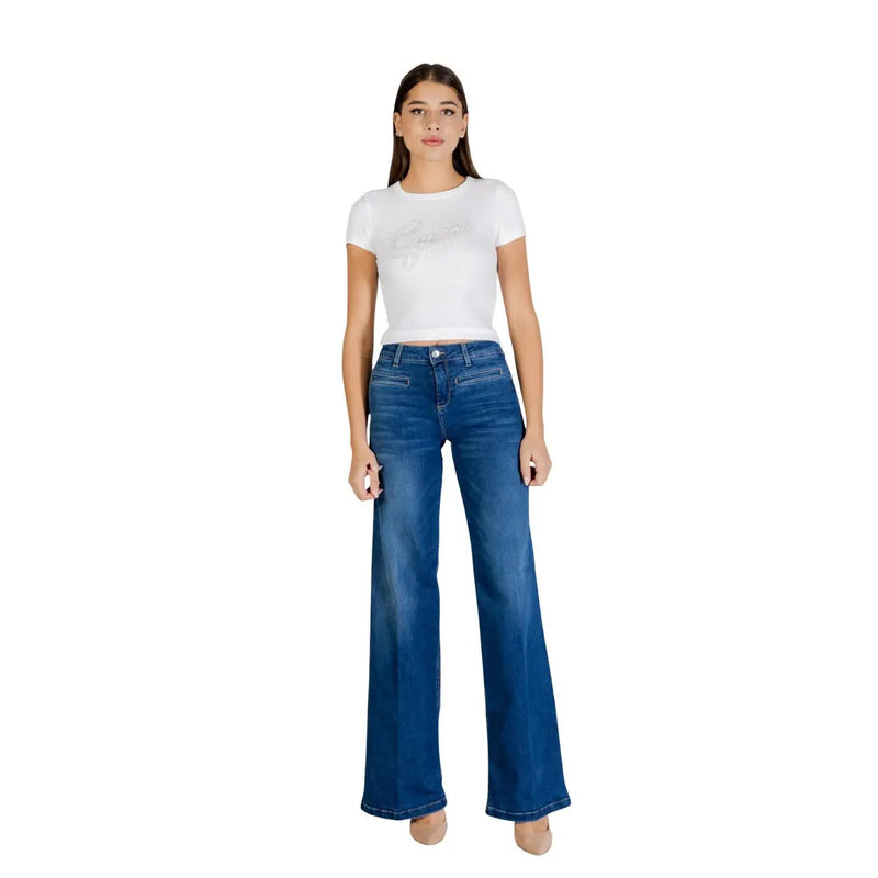 Liu Jo Pantalon évasé femme taille haute en denim bleu, cinq poches, délavage légèrement délavé, taille AL