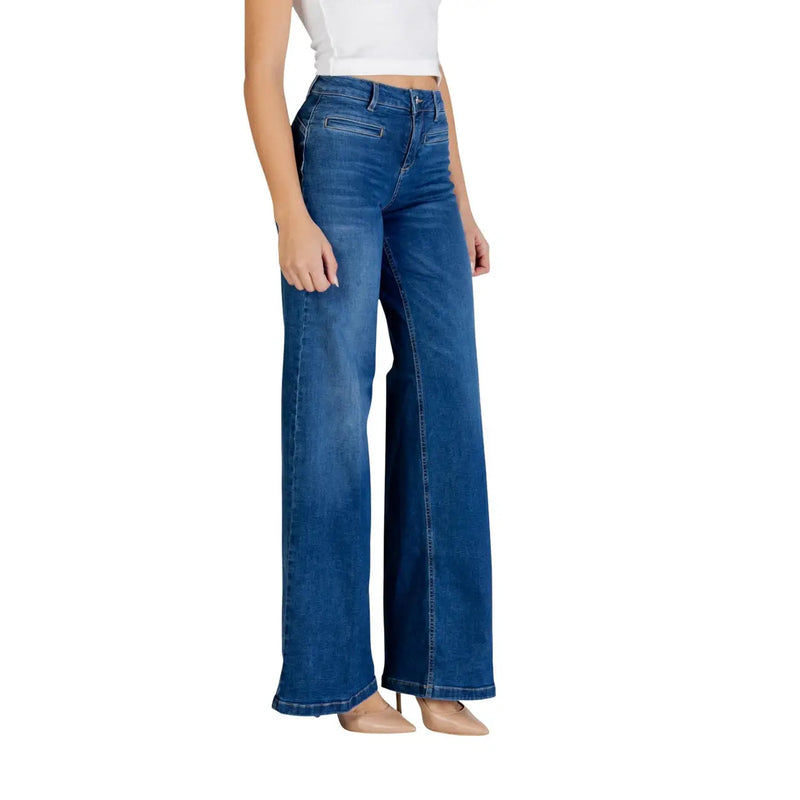 Pantalon évasé pour femme Liu Jo, jean bleu taille haute en denim, coupe large et détails de coutures classiques, taille A1
