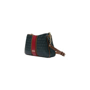 Liu jo women green polyurethane crossbody bag with dark green embossed leather and bold red vertical stripe w30cm
