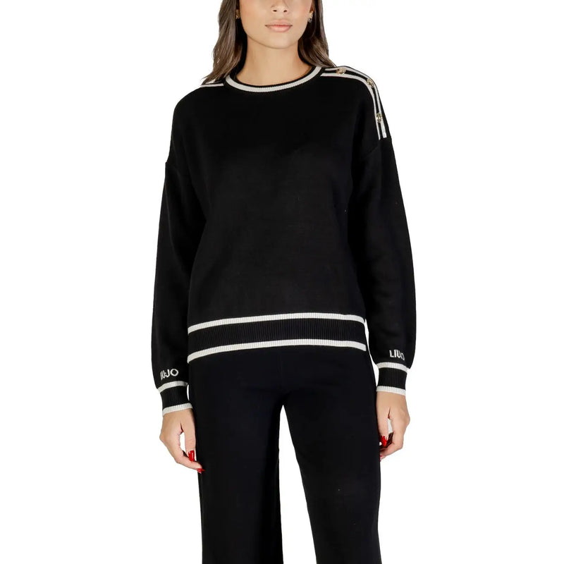 Sweat-shirt en maille noire Liu Jo pour femme, en viscose et soie, avec bordure côtelée blanche et rayures verticales sur les manches.