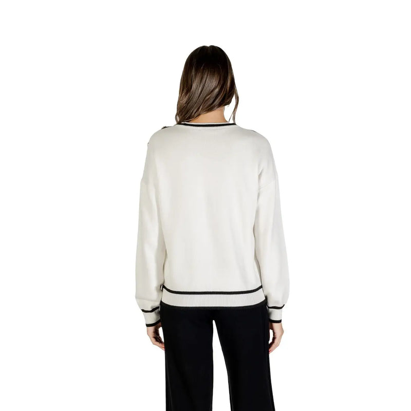 Pull en maille pour femme Liu Jo, couleur crème, en viscose et soie, avec finitions côtelées noires au col, aux poignets et à l'ourlet.