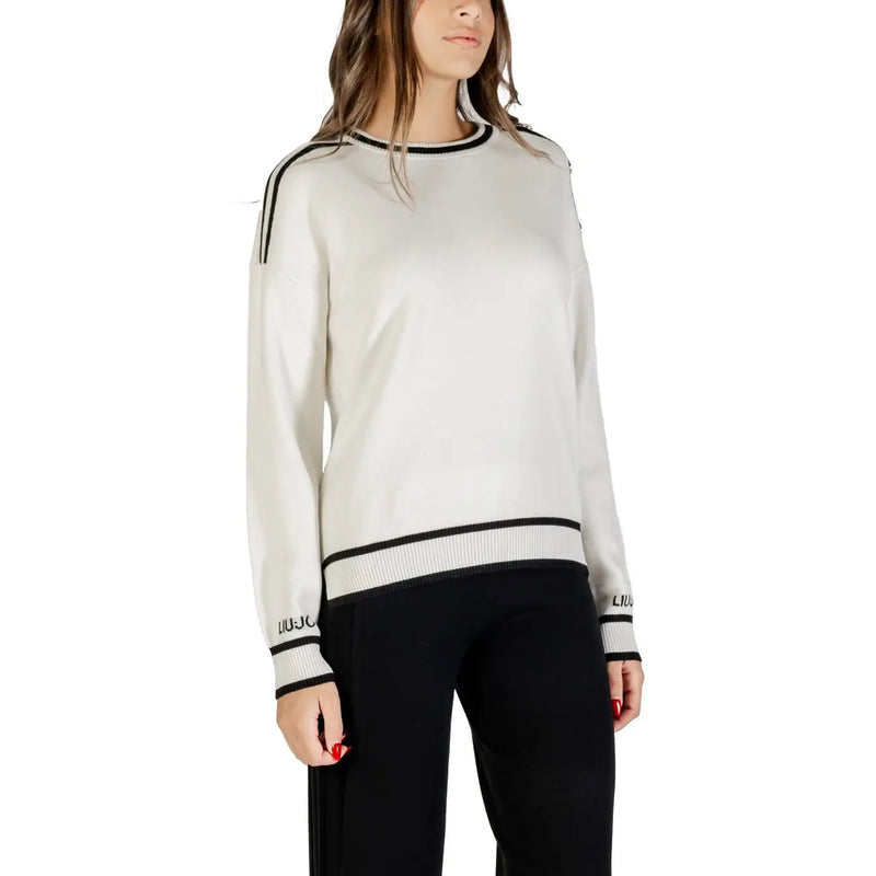 Off-white Liu Jo Pull en maille pour femme avec bordure noire, col rond, mélange viscose et soie, pour une tenue décontractée élégante.