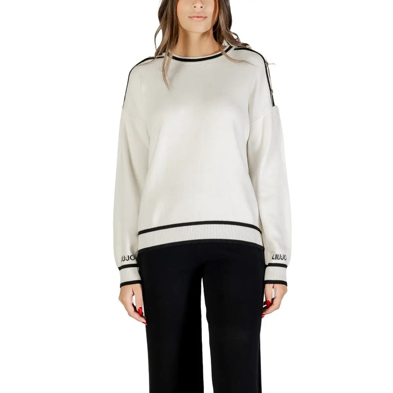 Sweat-shirt à manches longues en viscose et soie crème pour femme, de la marque Liu Jo, orné de finitions noires et d'un motif côtelé texturé.