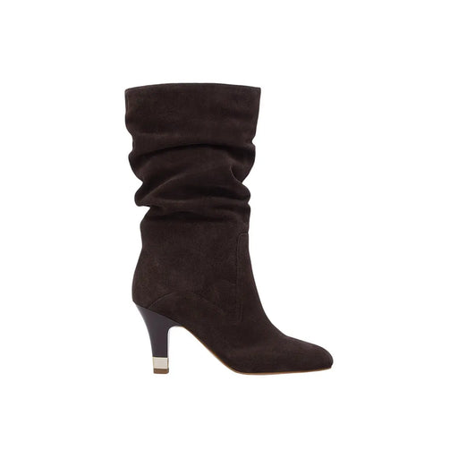 Bottes en cuir pour femme Liu Jo, modèle Blake, automne-hiver, bottines en daim marron foncé avec tige froncée et contrefort métallique.