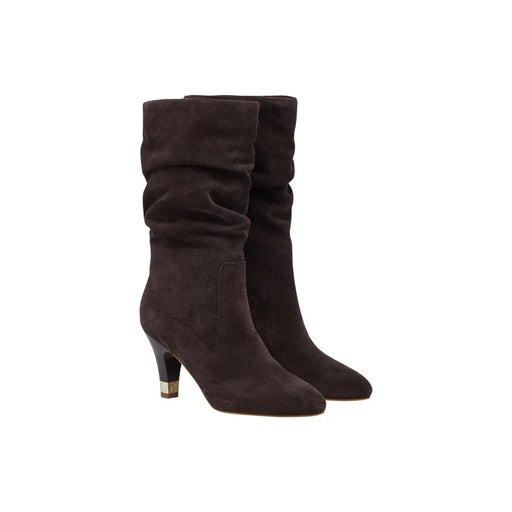 Bottes en cuir pour femme Liu Jo, modèle Blake, automne-hiver, en daim marron foncé, montantes jusqu'au genou et talonnette dorée métallisée.
