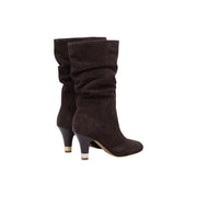 Liu Jo women leather boots brown blake fall winter featuring dark brown suede ankle boots with flared gathered upper and metallic heel caps