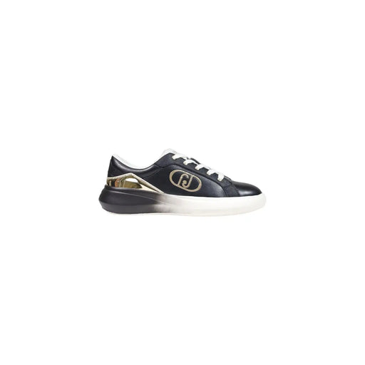 Baskets en cuir noir pour femme Liu Jo, à enfiler, avec lacets blancs, logo doré et semelle dégradée noire à blanche.