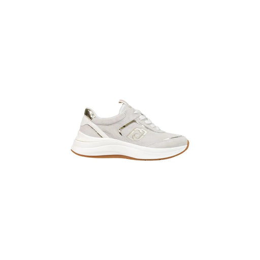 Liu Jo Baskets en cuir pour femme, en daim gris clair avec des détails argentés métallisés et une semelle en caoutchouc blanc.