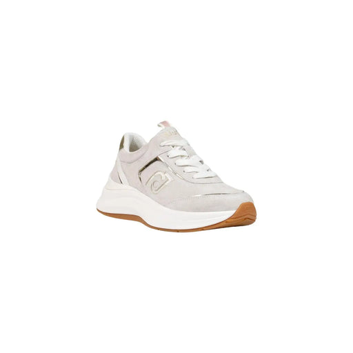 Liu Jo Baskets en cuir pour femme, blanches, avec empiècements en daim gris clair, lacets blancs, semelle en caoutchouc beige et logo métallique sur le côté.