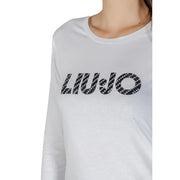 Liu Jo women long sleeve white cotton t shirt with round neck and bold liu jo logo embellished with black and silver sequins