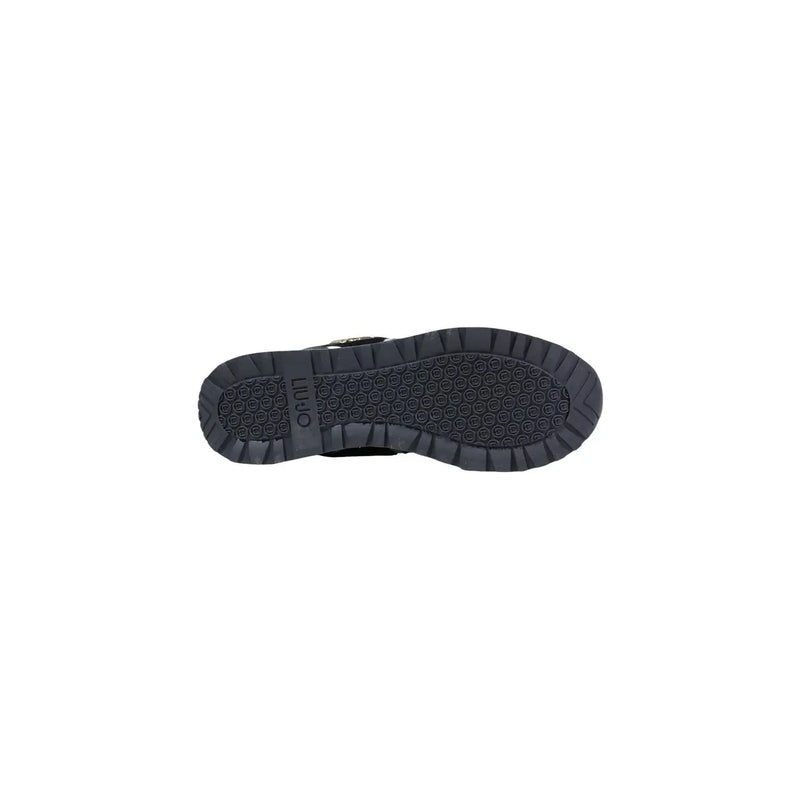 Back side of liu jo women platform sneakers black polyurethane showing black rubber sole with hexagonal orbit tread pattern