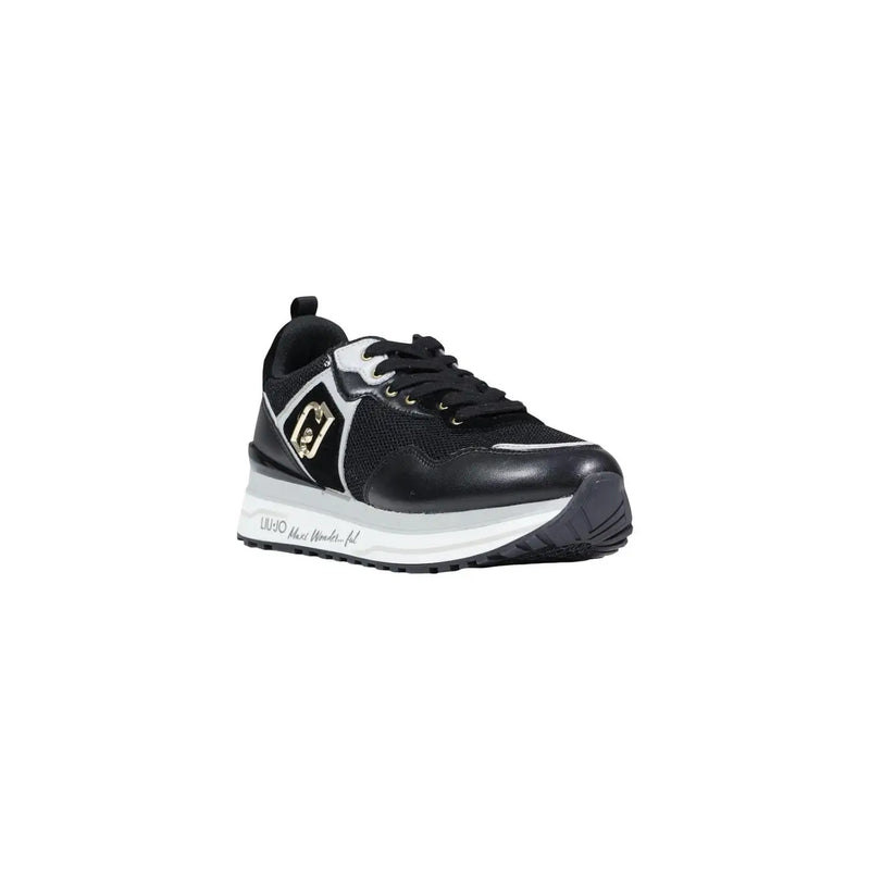 Liu Jo women platform sneakers in black with glossy leather toe cap mesh upper and gold tone logo on the side
