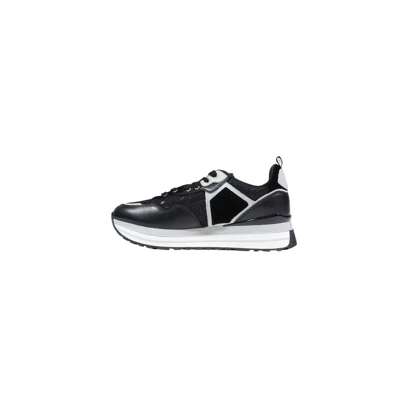 Liu Jo women platform sneakers black with textured mesh upper, smooth leather overlays, and geometric paneling