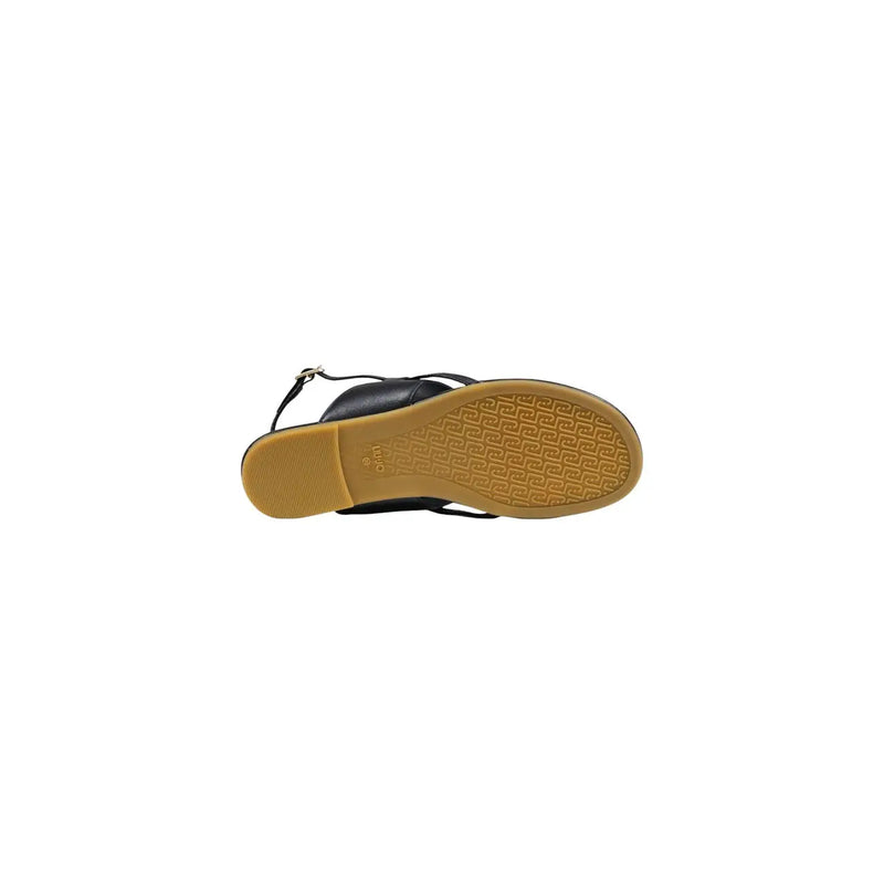 Liu jo women sandals black leather ankle strap with tan rubber sole featuring embossed pattern