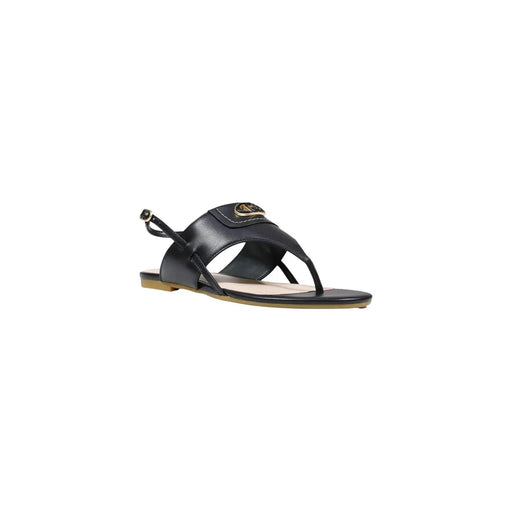 Sandales à brides en cuir noir Liu Jo pour femmes, ornées d'un logo doré sur la bride.