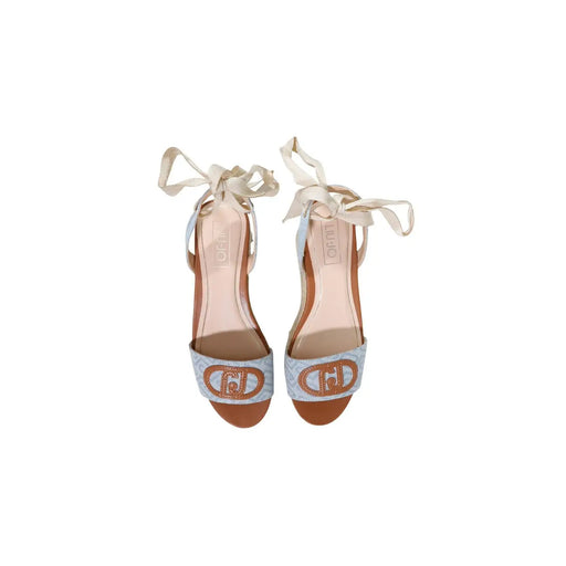 Liu Jo Sandales pour femmes en polyester tissé bleu clair avec empiècements en cuir beige et plateforme à bout ouvert ornée d'un logo doré