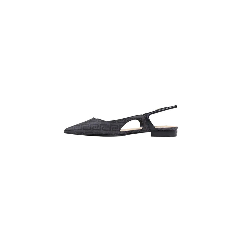 Black satin Liu Jo women slip on flat shoe with slingback and subtle repeating logo pattern in polyurethane