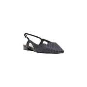 Liu jo women slip on black polyurethane slingback flat shoe with low heel and repeating gray pattern