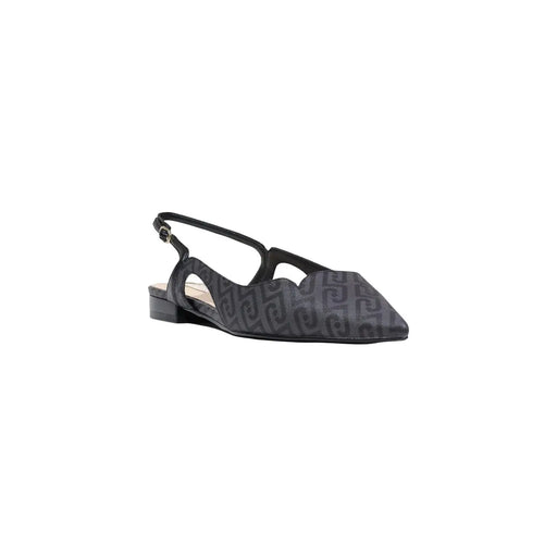 Chaussures plates à enfiler pour femmes Liu Jo, en polyuréthane noir, à bride arrière, petit talon et motif gris répétitif