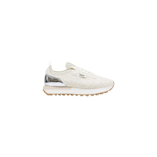 Tricot couleur crème Liu Jo Baskets pour femmes avec languette arrière argentée métallisée et semelle en caoutchouc blanc en polyester