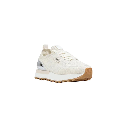 Liu Jo Baskets femme beiges en polyester crème à lacets avec tige texturée, languette arrière argentée métallisée et semelle en caoutchouc beige.