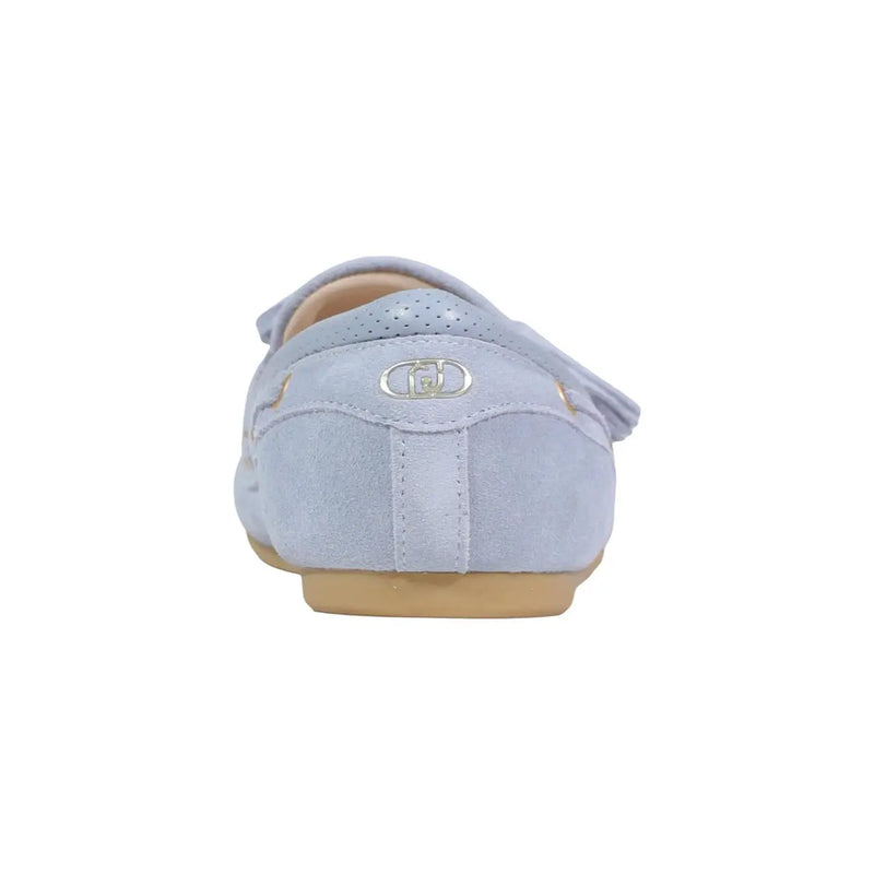 Light blue suede loafers for women by liu jo showing the back side with a metallic logo detail