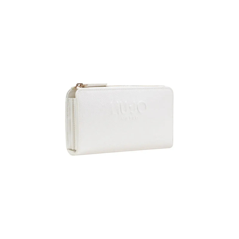 Liu Jo Portefeuille beige pour femme en cuir blanc texturé avec fermeture éclair dorée et logo en relief, 19,5 x 10 x 2 cm