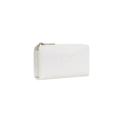 Liu Jo Portefeuille beige pour femme en cuir blanc texturé avec fermeture éclair dorée et logo en relief, 19,5 x 10 x 2 cm