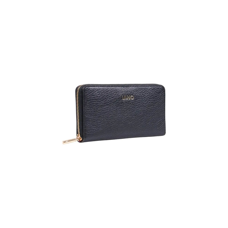Portefeuille zippé en cuir noir texturé avec fermeture éclair dorée et logo Liu Jo, modèle XL en polyuréthane de 19 cm, pour femme.