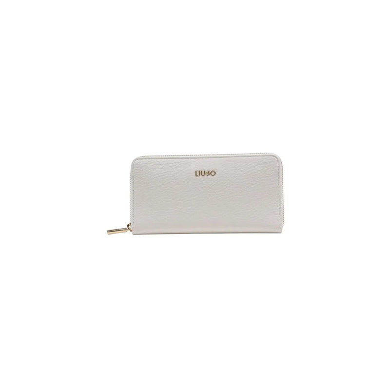 Portefeuille zippé en cuir blanc texturé, avec tirette dorée et logo Liu Jo embossé en polyuréthane noir sur le devant.