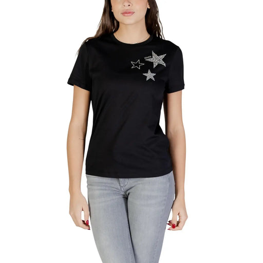 Liu Jo women black short-sleeved t shirt with three sparkling star appliqués made of 100% cotton