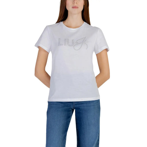 T-shirt blanc Liu Jo pour femme, en coton, à col rond, orné d'un logo en strass scintillant sur la poitrine.