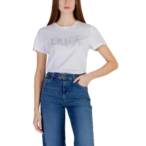 T-shirt blanc Liu Jo pour femme, en coton, col rond et inscription en strass scintillants sur la poitrine