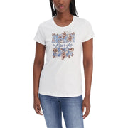 Liu Jo women white cotton short sleeve t shirt with blue brown and beige floral and script graphic design