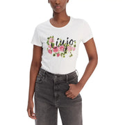 Liu Jo women white cotton round neck short t shirt with pink rose floral design and liu jo black cursive logo