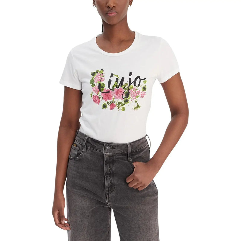 Liu Jo women white cotton round neck short t shirt with pink rose floral design and liu jo black cursive logo