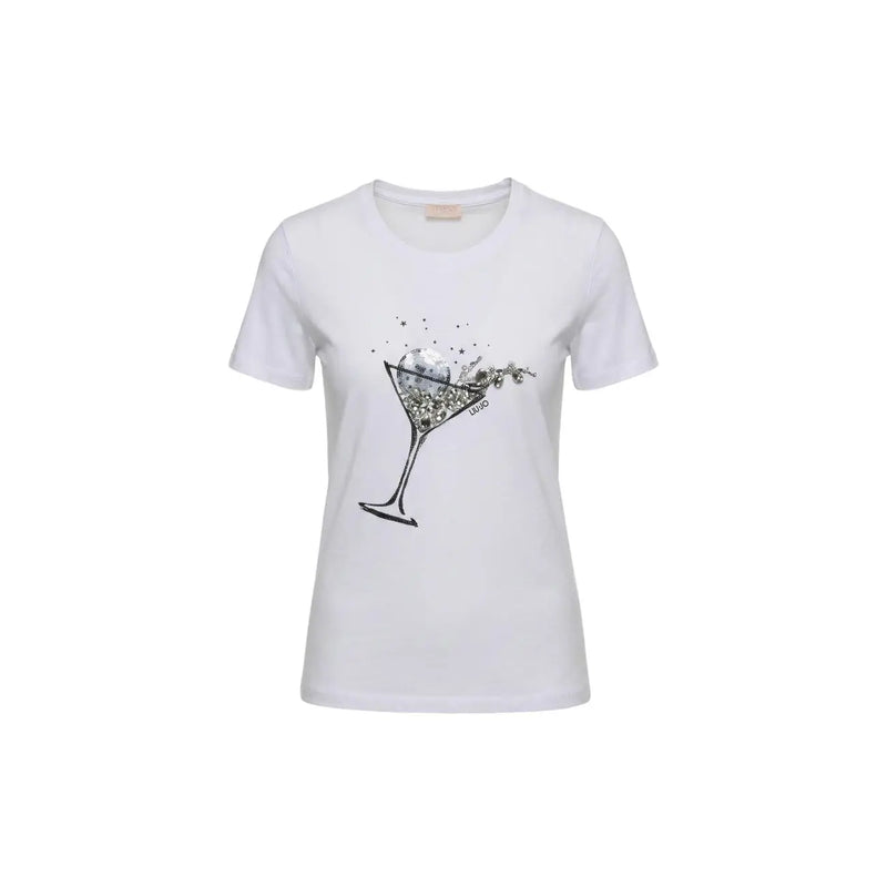 Liu Jo women white cotton round neck short t shirt with black martini glass graphic and glittering liquid splash design