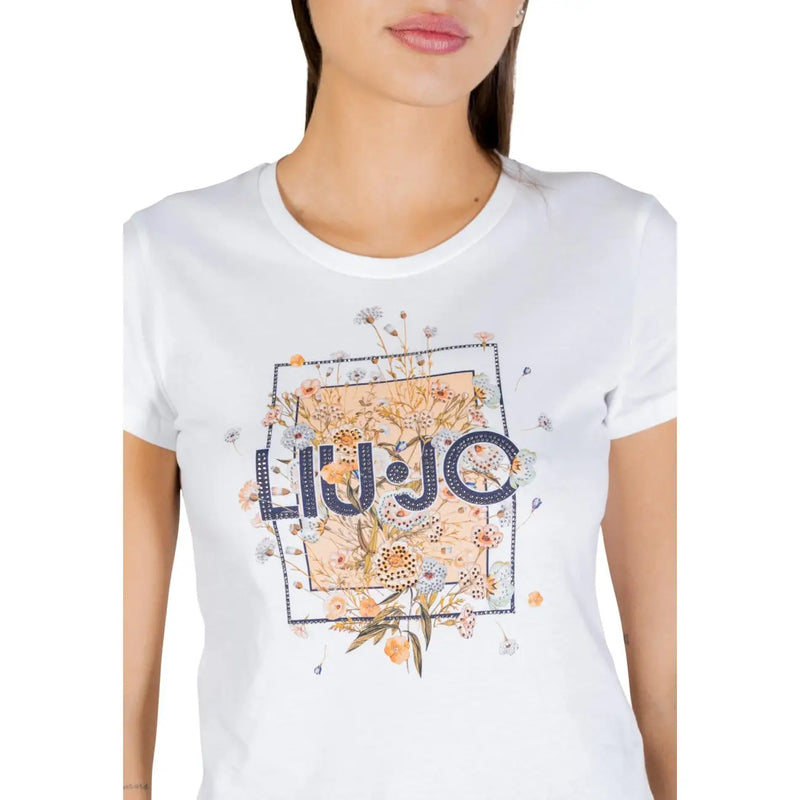 Liu Jo women white cotton short sleeve t shirt with floral graphic and navy blue logo round neck design