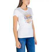 White cotton round neck short t shirt for women by liu jo with dark blue logo and floral graphic print on front