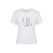 White liu jo cotton round neck t shirt with sparkling rhinestone embellished liu jo logo across the chest