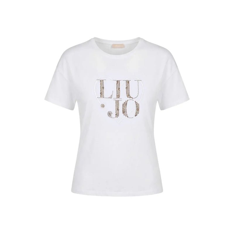 White liu jo cotton round neck t shirt with sparkling rhinestone embellished liu jo logo across the chest