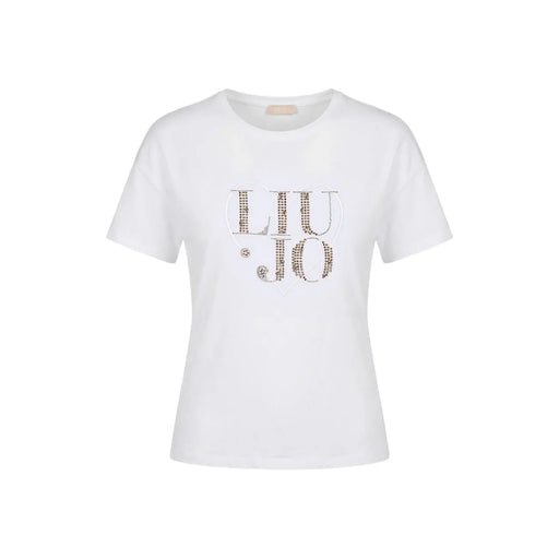 T-shirt blanc Liu Jo en coton à col rond, orné du logo Liu Jo en strass scintillants sur la poitrine.